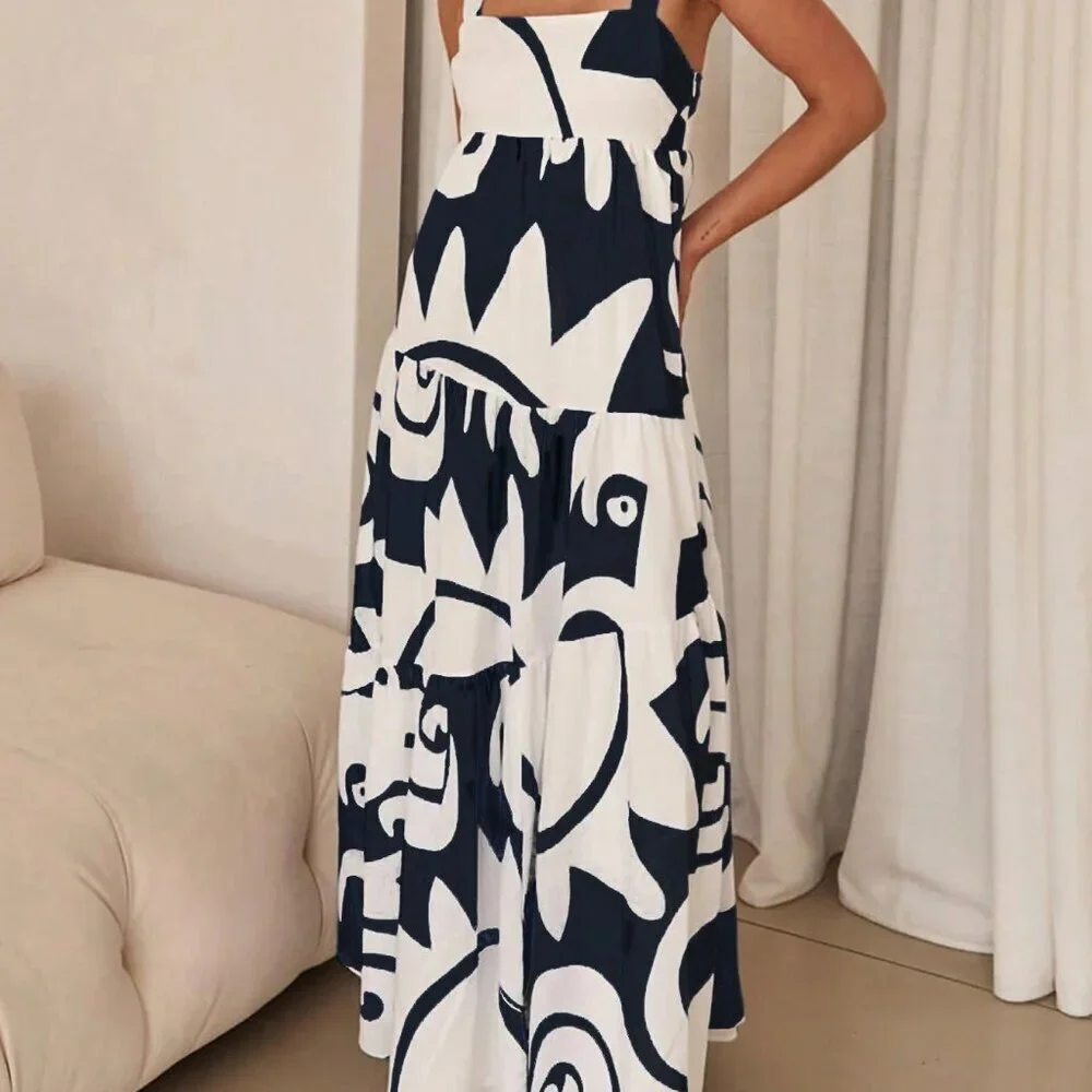 Black Casual Women's Holiday Random Printed Swing Maxi Cami Dress - Picture 3 of 4
